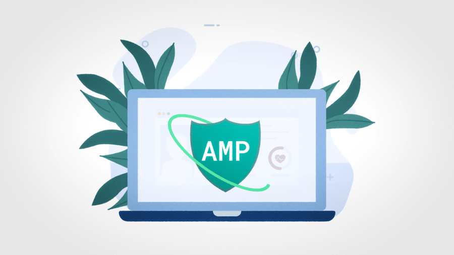 An illustration of a computer screen with a green shield on it that reads "AMP."