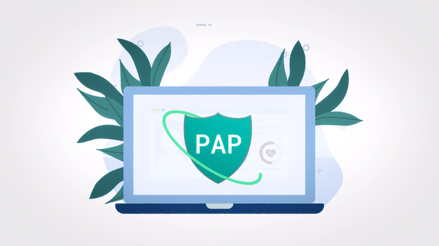 Illustration d'un écran d'ordinateur avec un bouclier vert sur lequel il est écrit «PAP».