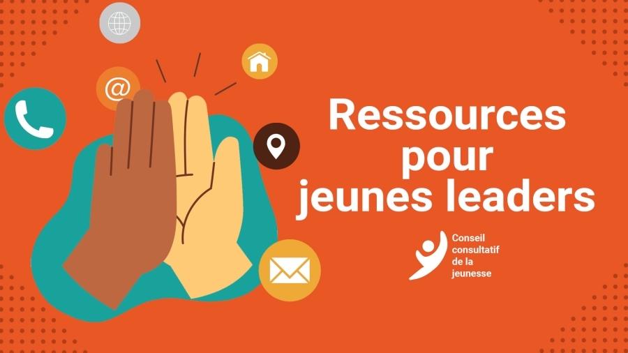 Illustration de deux mains se frappant l’une l’autre. Texte se lisant ainsi : « Ressources pour jeunes leaders ».