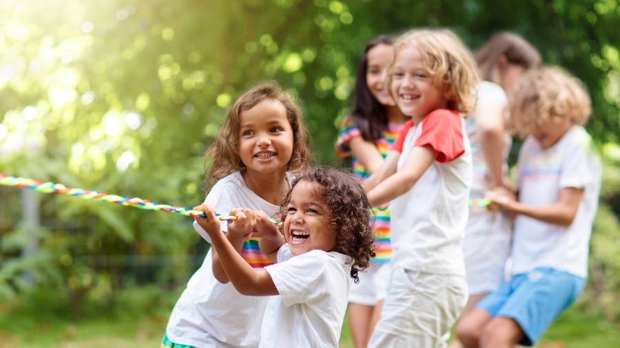 Children playing tug-of-war.