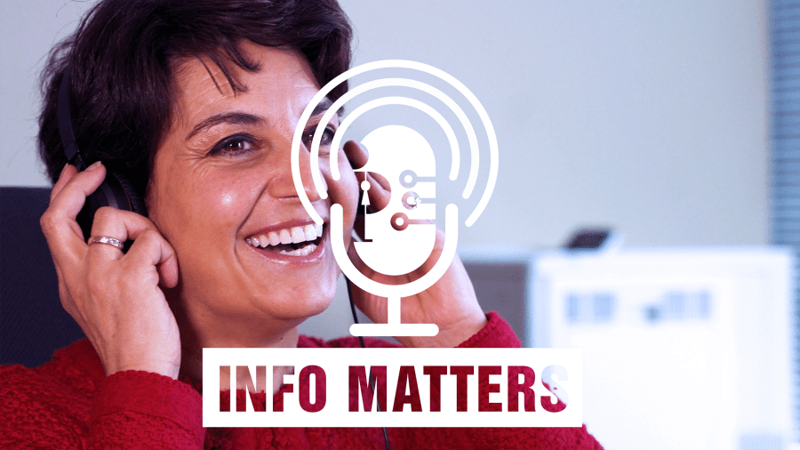 A photo of the Information and Privacy Commissioner, Patricia Kosseim wearing headphones and smiling, with the logo of the "Info Matters" podcast in front of her.